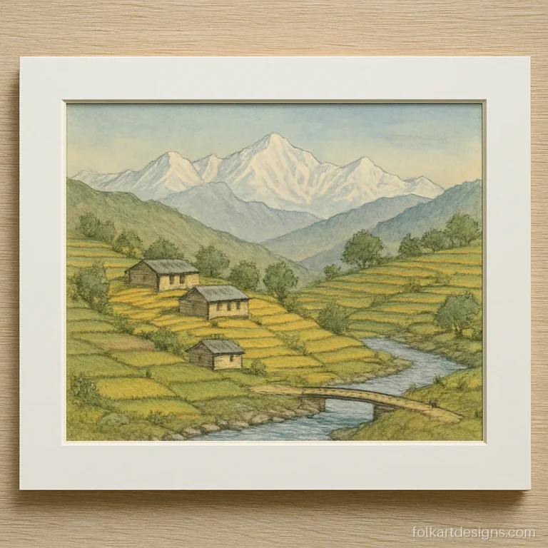 Pahari hill landscape painting with snowy peaks, slate roof huts and terraced fields