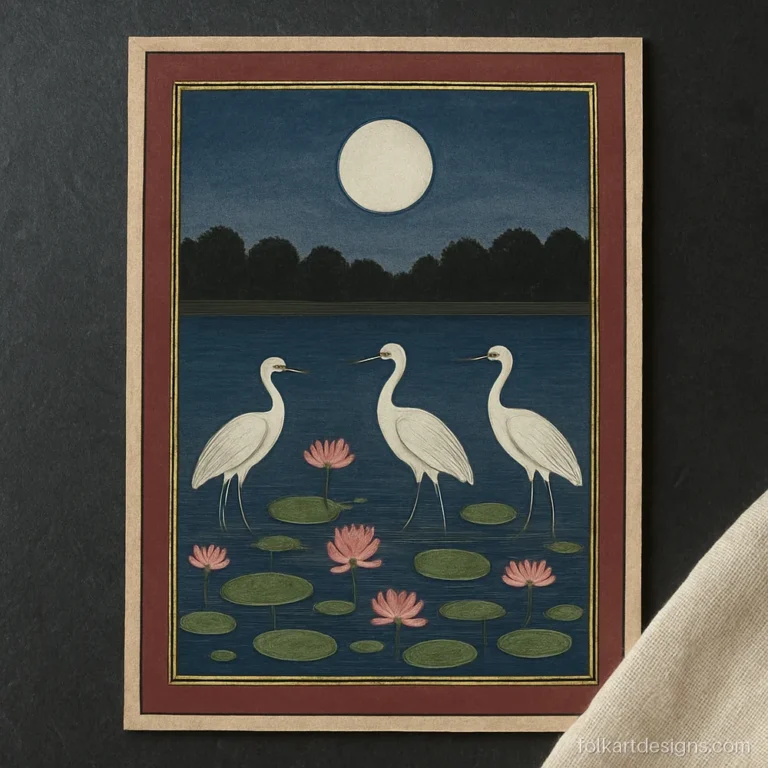Pahari painting of white cranes beside a lotus lake under a full moon
