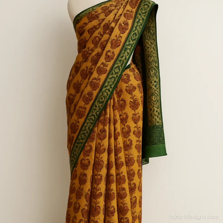 Pen kalamkari silk saree with neat rows of peacocks on a mustard yellow body