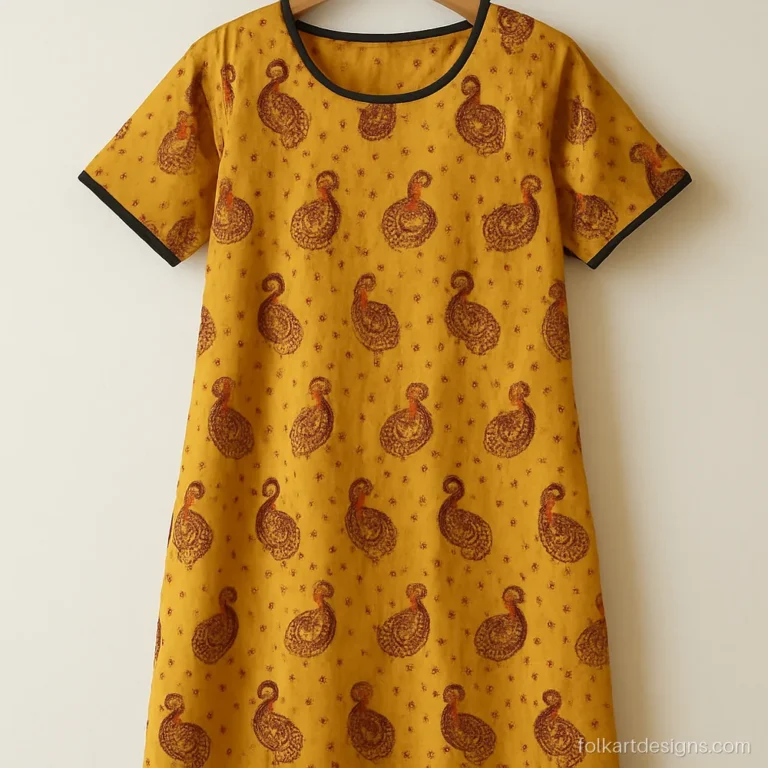 Mustard kalamkari print kurti with small all-over peacocks and black neck piping