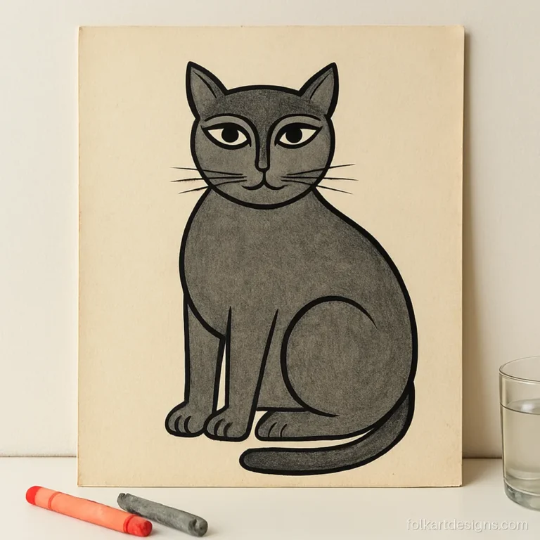 Simple Kalighat painting of a sitting black cat with a flat grey wash
