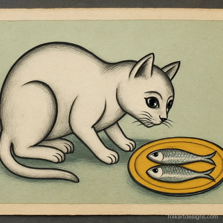 Kalighat art of a white cat eyeing two fish on a round brass plate