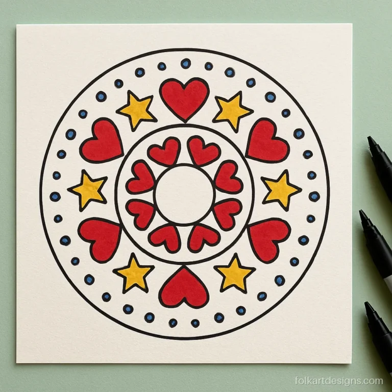 Mandala art in circle easy for kids, built from rings of hearts and stars