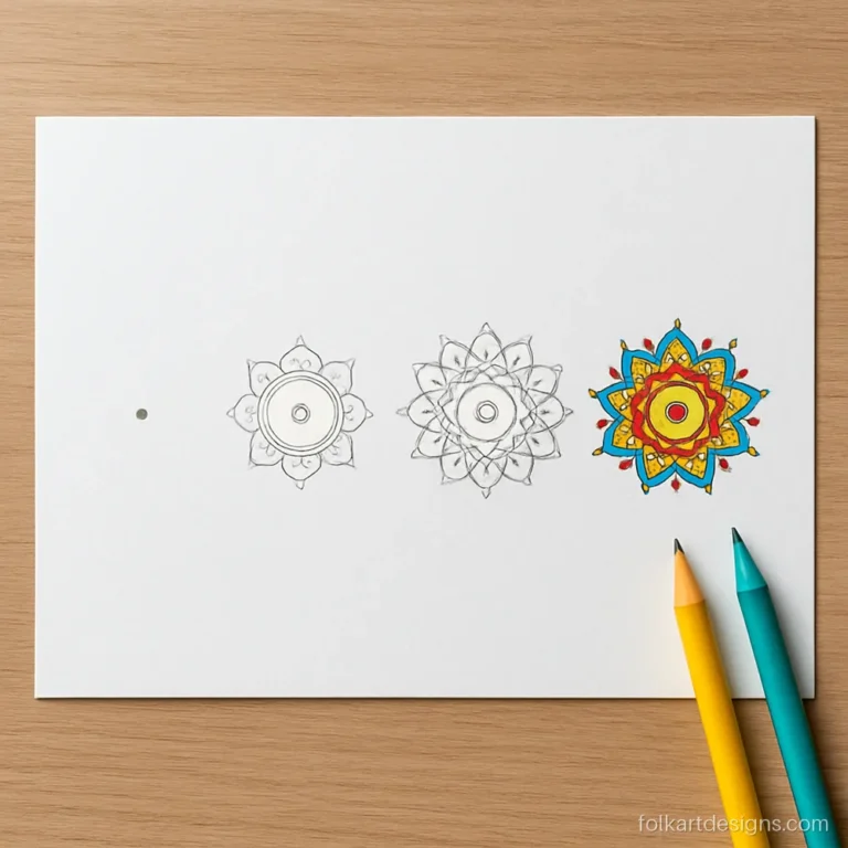 Easy mandala art for kids step by step shown in four stages on one sheet