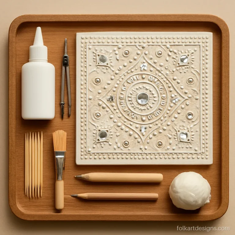 Lippan work material tools flat lay with glue, compass, toothpicks and clay cutter
