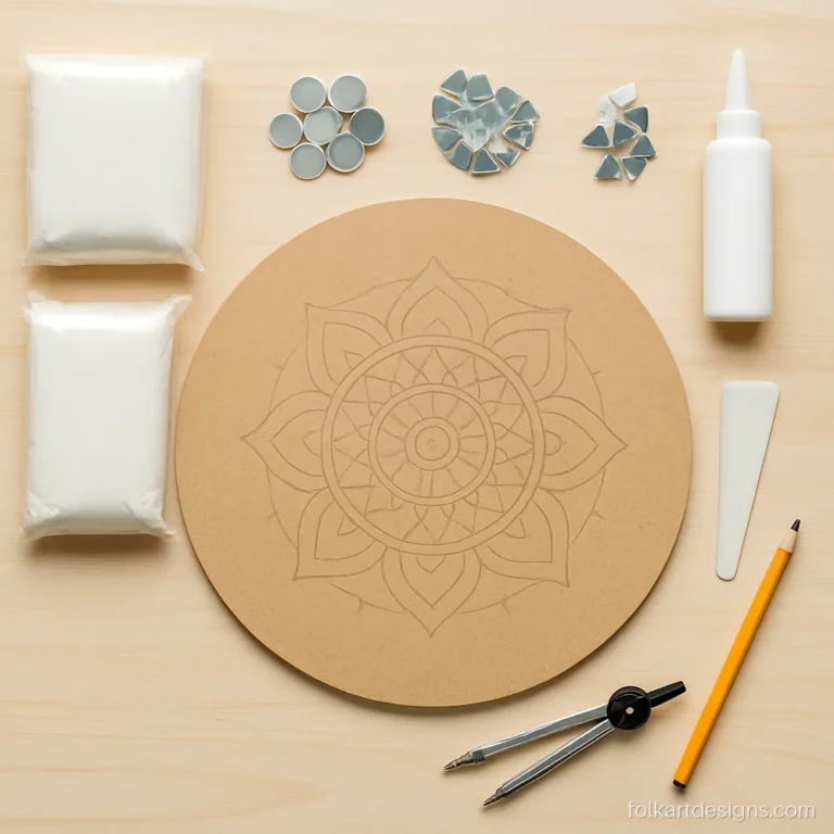 Lippan art kit flat lay with MDF board, white clay packet and loose round mirrors
