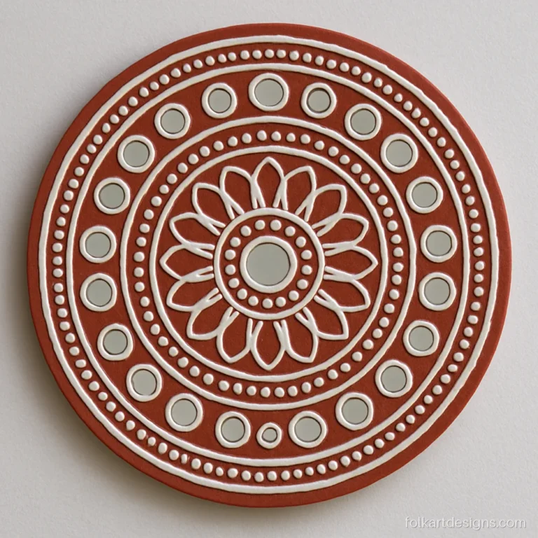 Round lippan art painting with white coils on brick red