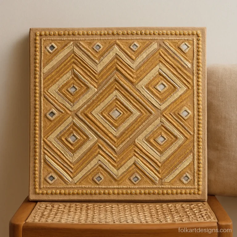 Earthy lippan art work in sand beige and ochre with diamond mirrors