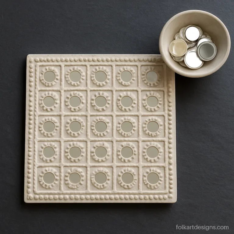 Square lippan art tile with clay dots and round mirrors