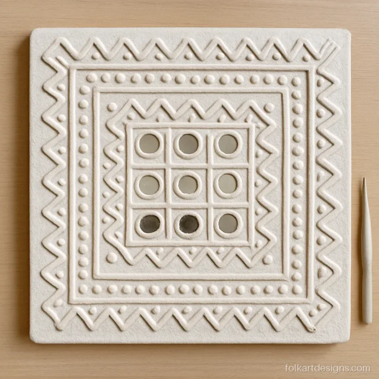 Traditional lippan art panel in white clay with round mirrors