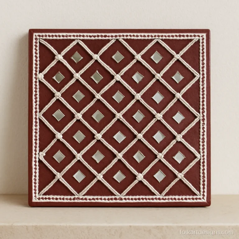 Diamond lattice lippan design on a maroon square board with mirrors