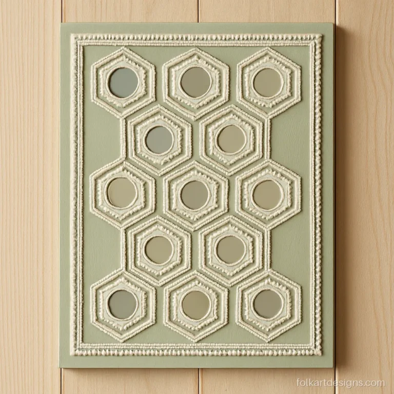 Honeycomb lippan art design of white hexagons with a mirror in each