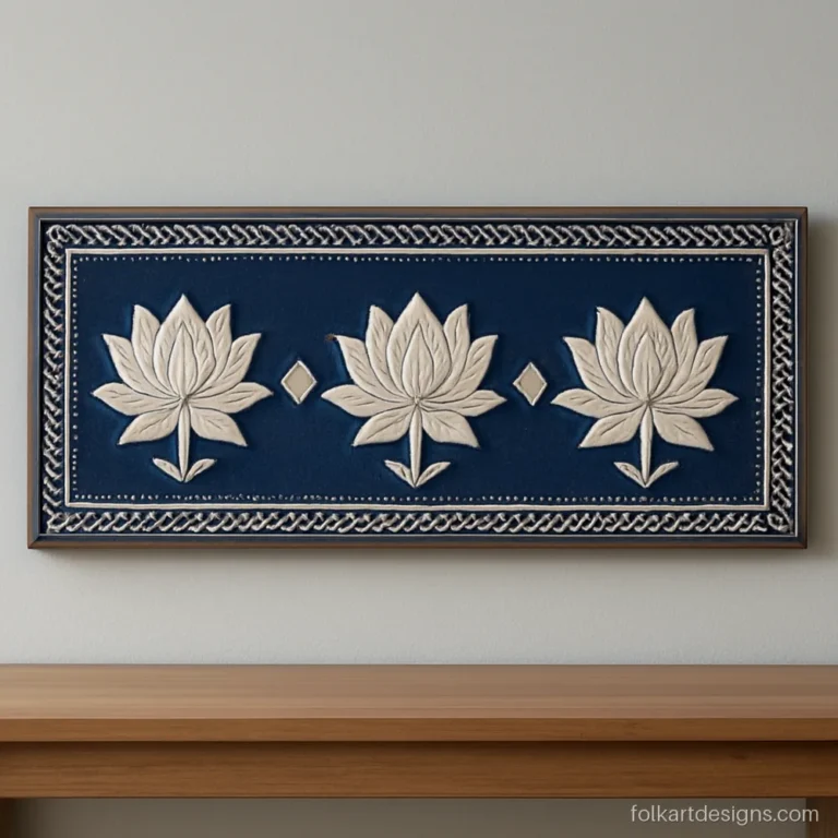 Three lotus flowers in a row on a long indigo lippan panel