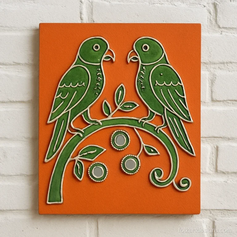 Two parrots on a branch in a lippan design on an orange base