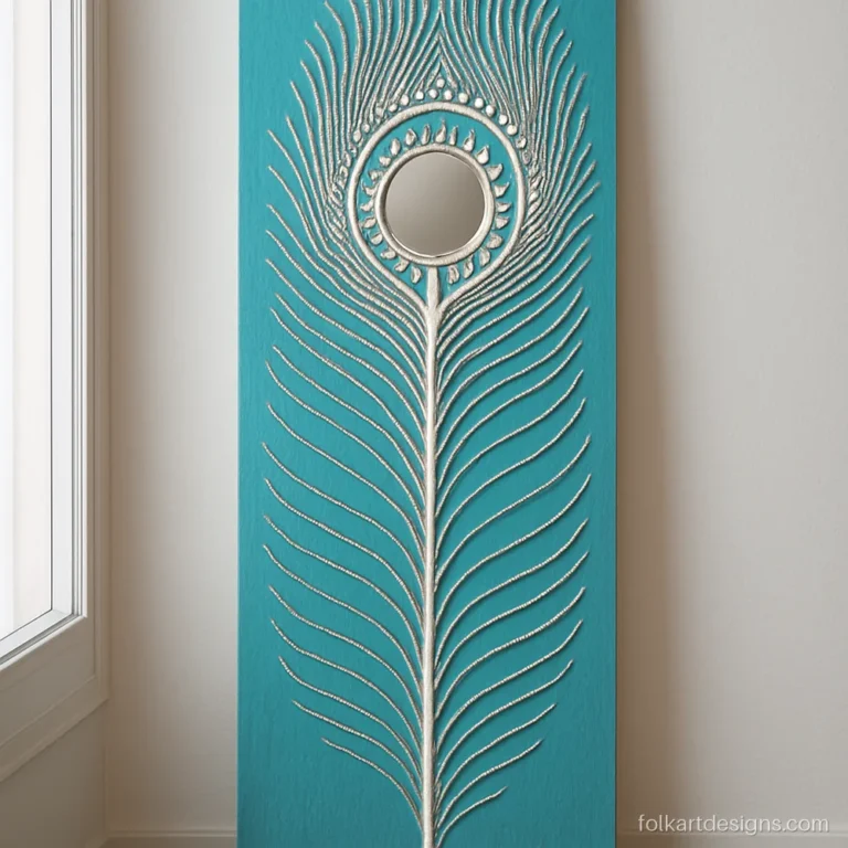 Tall lippan work design of a single peacock feather on a teal panel