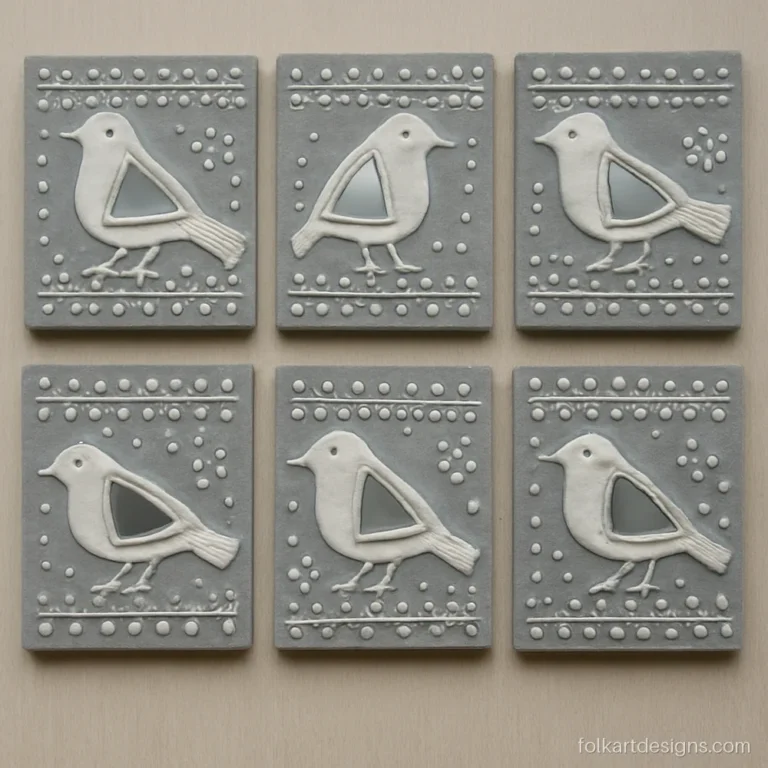 Set of six mini lippan tiles each with a small white sparrow