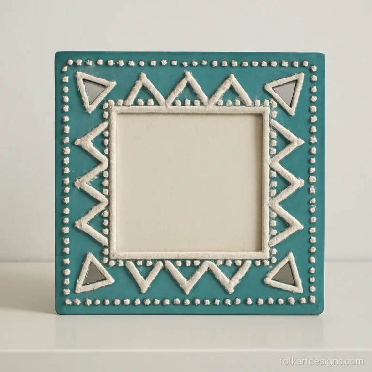 Teal lippan art frame with a zigzag border and triangle mirrors