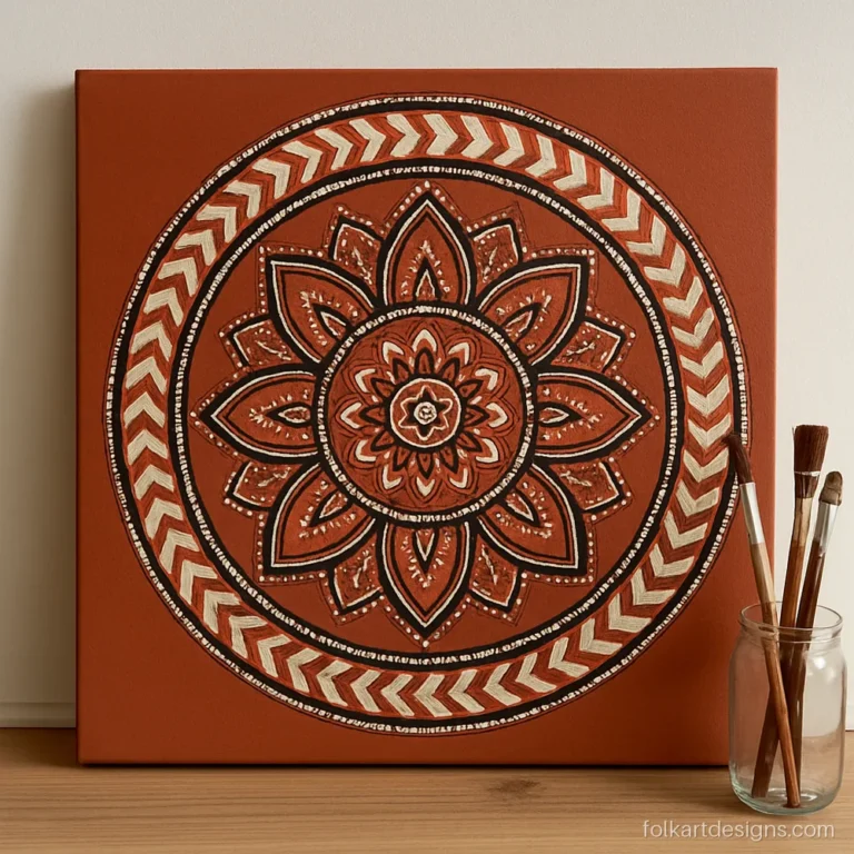 Big mandala art on a square canvas in terracotta, white and black acrylic