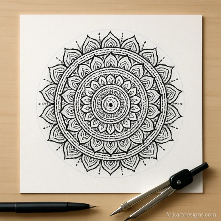 Classic circular mandala art in black pen with sixteen petal rings on white paper
