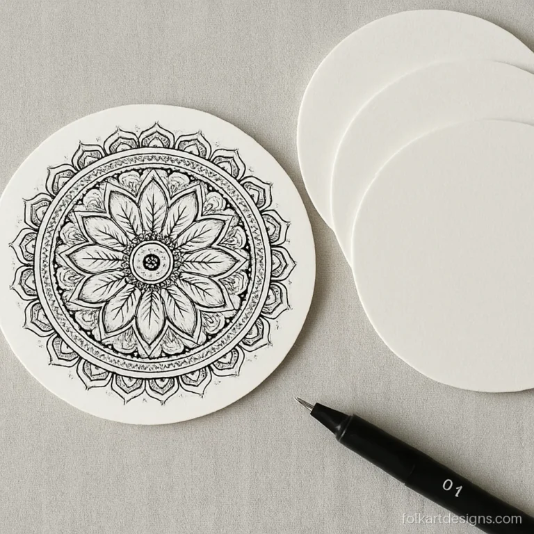 Mini mandala art drawn on a round card coaster with fine black lines