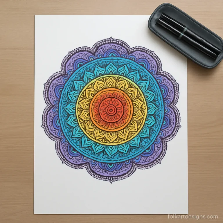 Full page mandala art in rainbow colours on A3 drawing paper