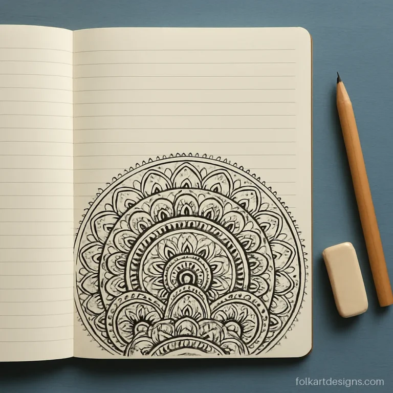 Half mandala drawn along the bottom edge of a notebook page in black pen