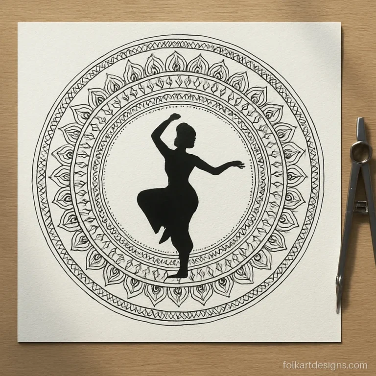 Bharatanatyam dance mandala art with a dancer silhouette inside the central circle