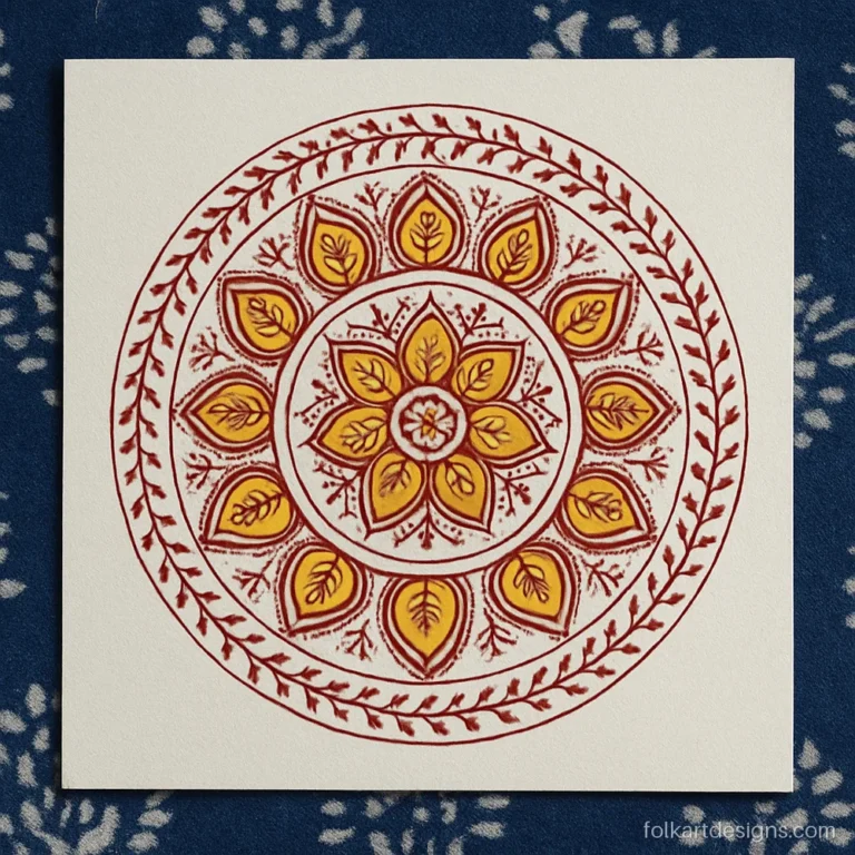 Mandala with a ring of paisley motifs in maroon and mustard ink
