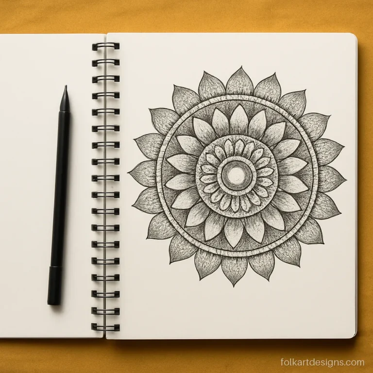 Pen mandala drawing art with stippled shading in an open spiral sketchbook