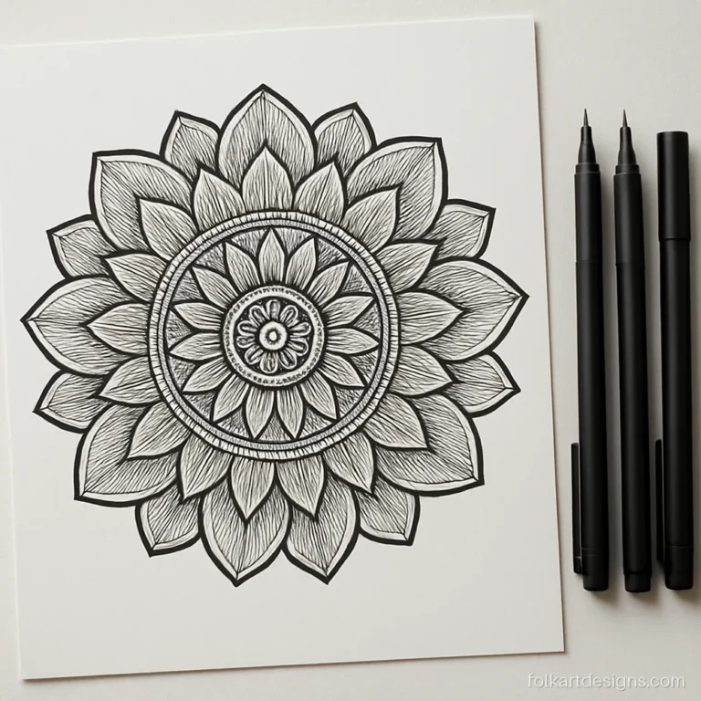Mandala art drawing using 0.1, 0.3 and 0.8 mm fineliners for varied line weight