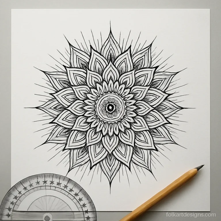 Twelve fold mandala with pointed petal layers in black ink on white paper