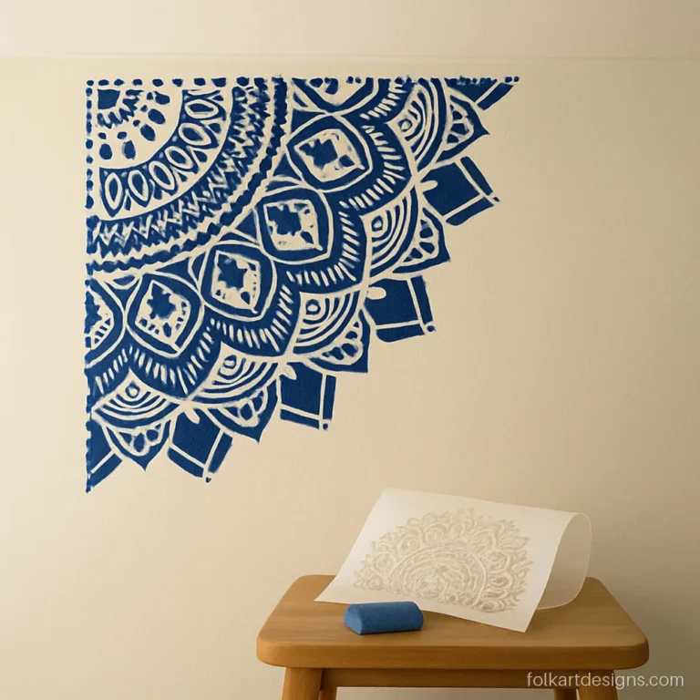 Quarter mandala painted with mandala art stencils on a room wall corner