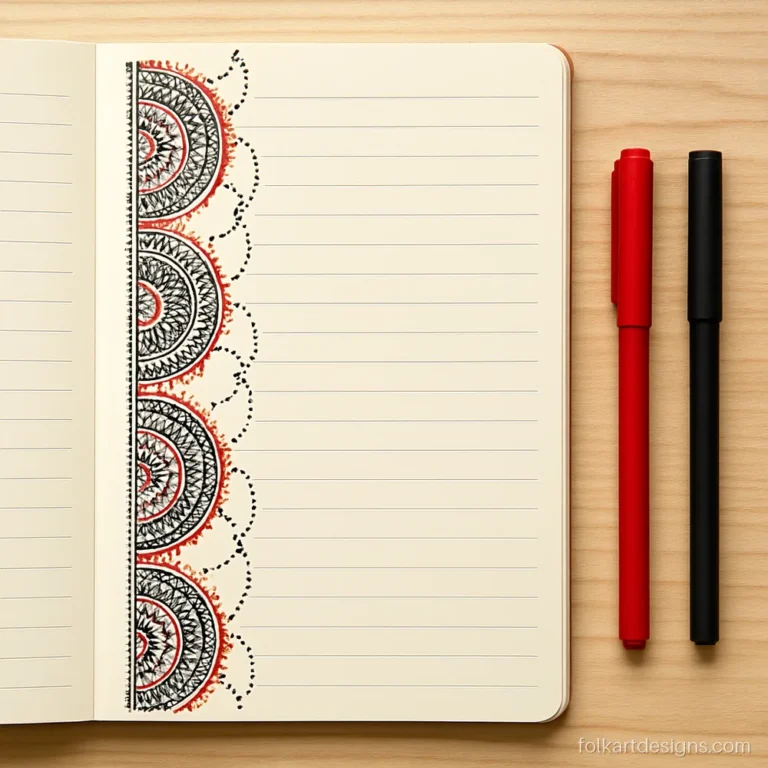 Mandala art border design of linked half circles along a notebook margin