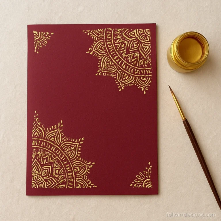 Corner mandala art in gold paint on a maroon card for a greeting card