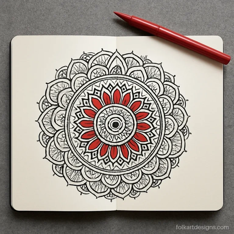 Two half mandala designs facing each other across a sketchbook spread in black and red
