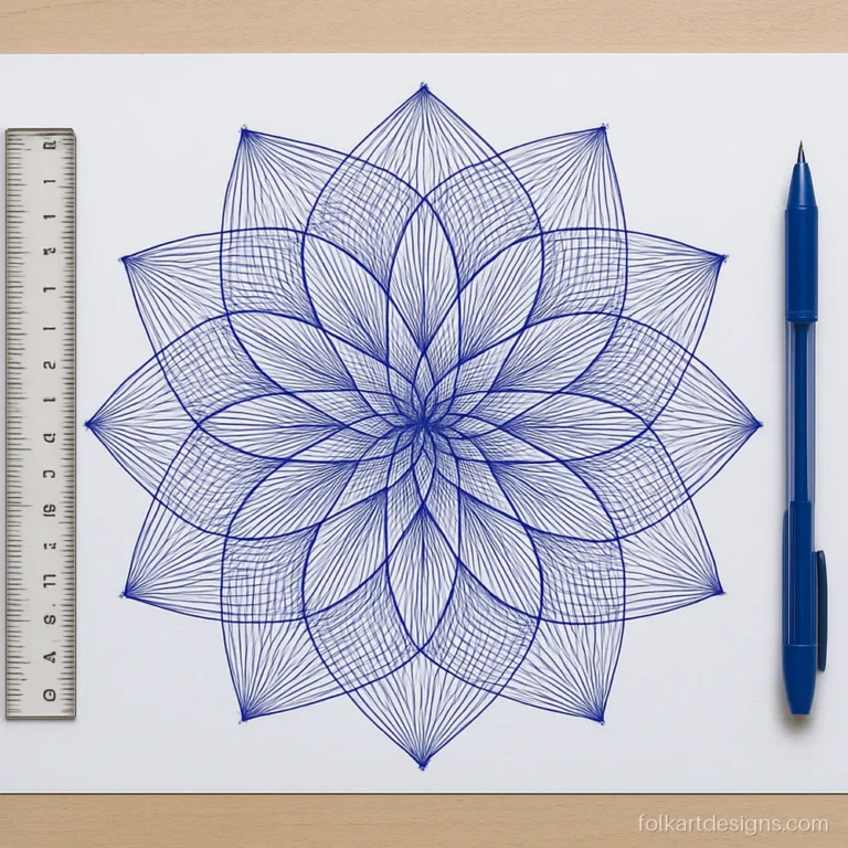 Mandala art without circle guides, built only from straight ruler lines in blue