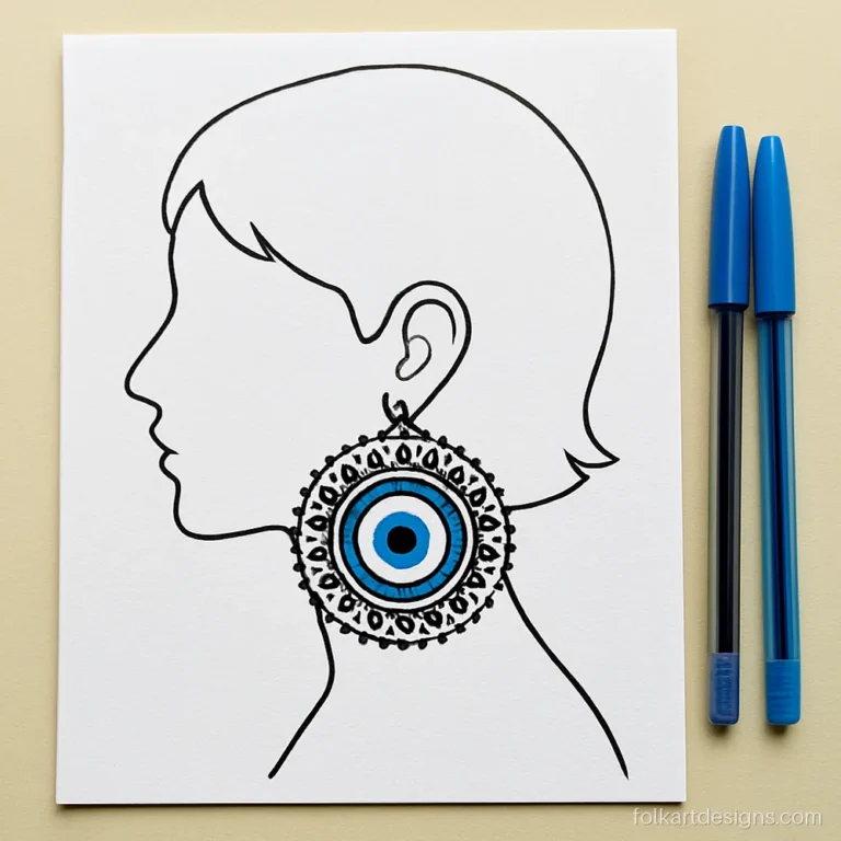 Evil eye mandala art earring on a girl drawn in side silhouette