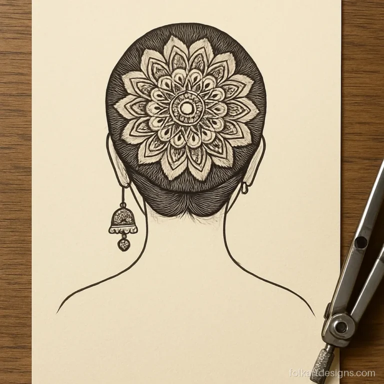 Traditional girl mandala art in side silhouette with a bun and jasmine mandala