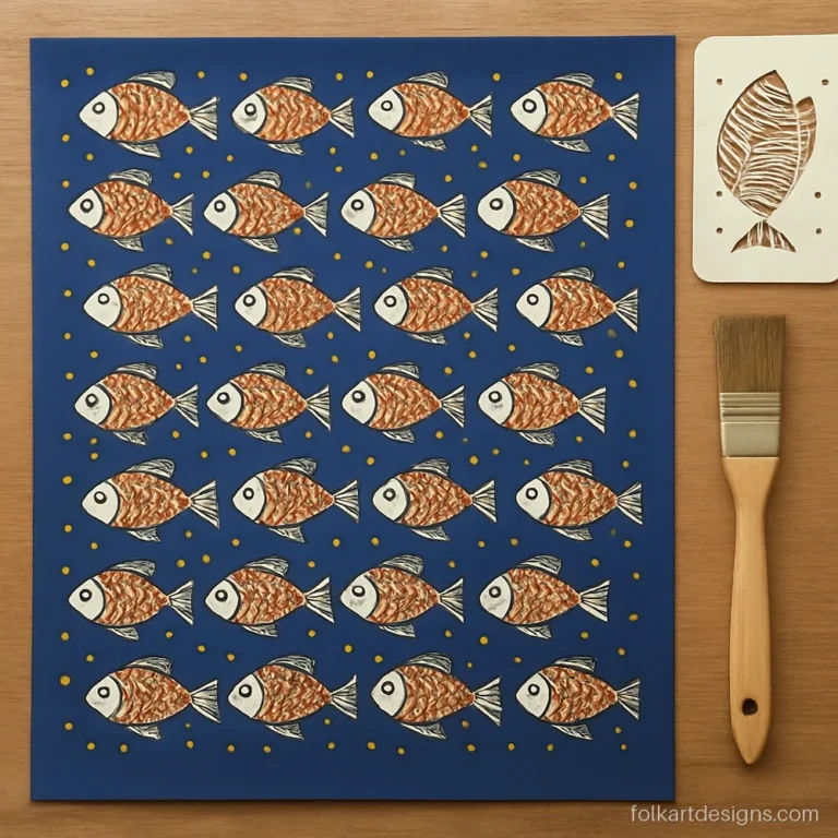 All-over madhubani pattern of repeating fish on indigo paper, used as a background design
