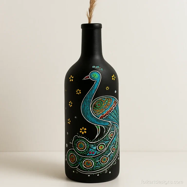 Madhubani painting in bottle art with a peacock on a matt black glass bottle
