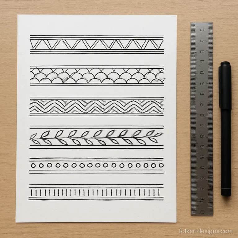 Madhubani painting border design sheet with double lines, triangles and fish scale rows