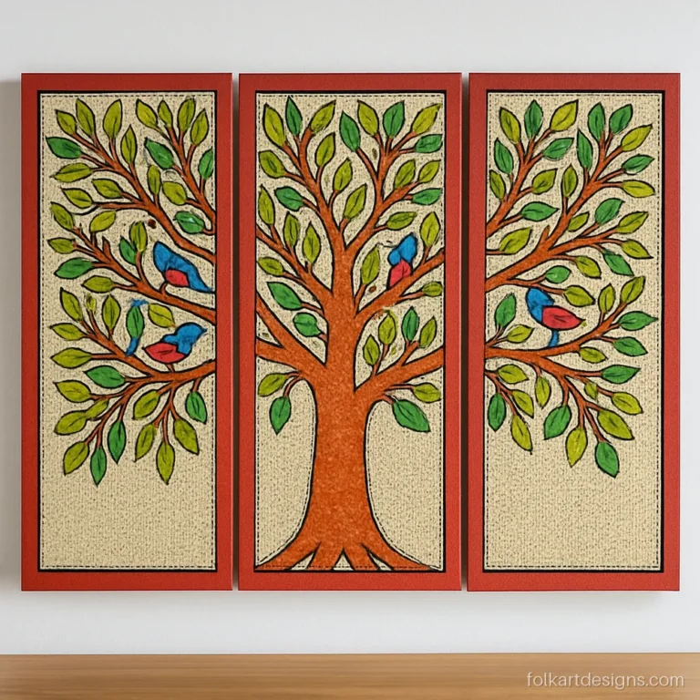 Three-panel madhubani painting on canvas showing one tree with birds