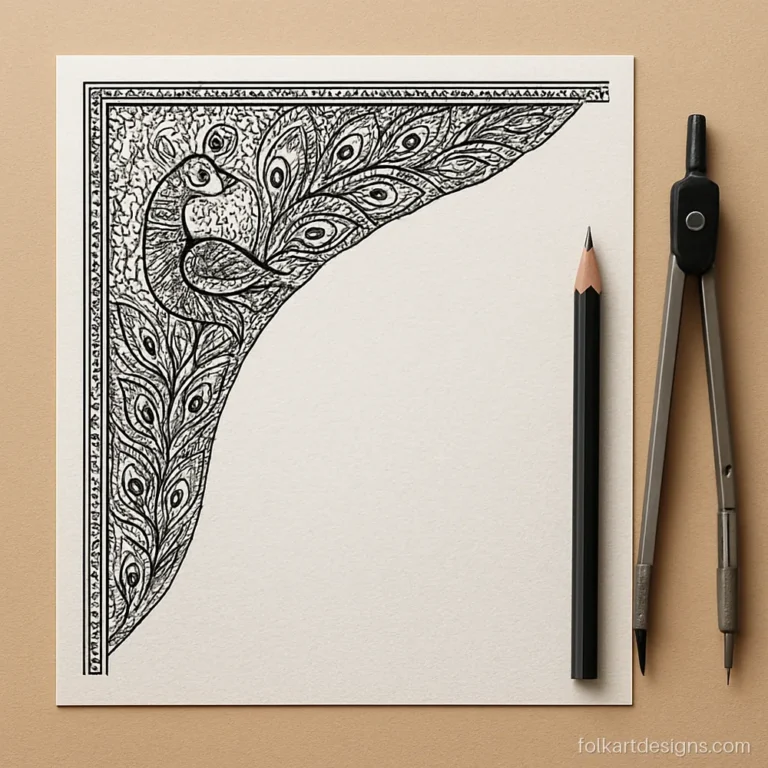 Madhubani corner design with a small peacock fitted into a quarter circle