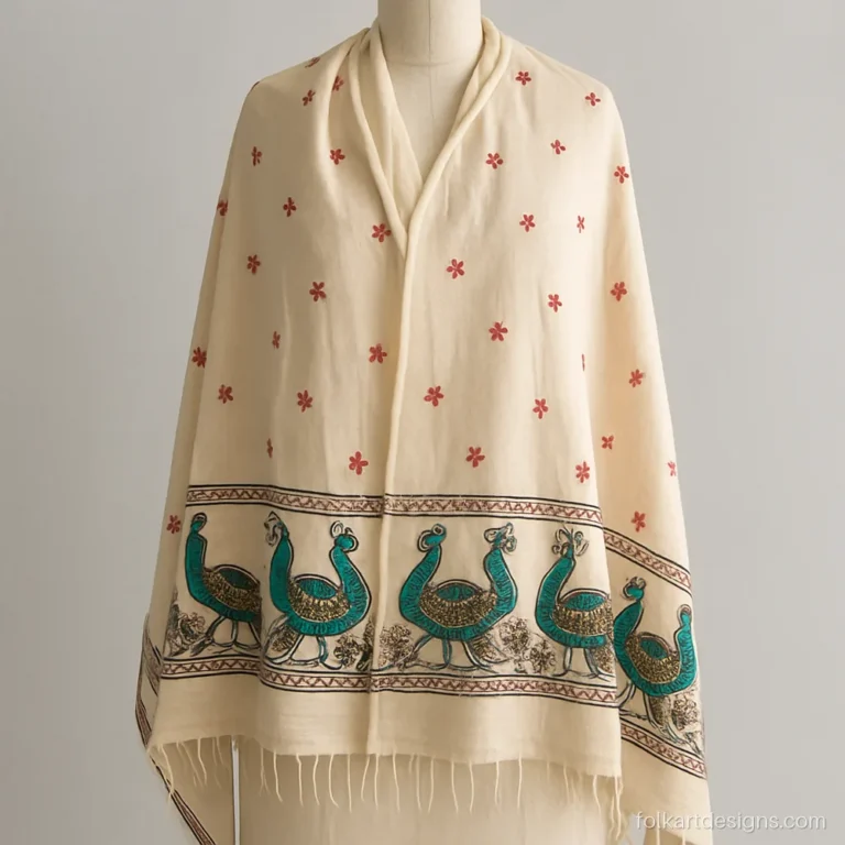 Cotton dupatta with a madhubani peacock border draped on a headless dress form