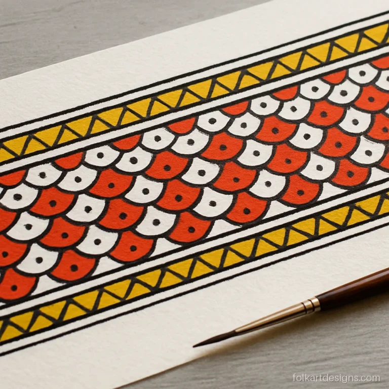 Close-up of a red and white fish scale madhubani border with double outlines