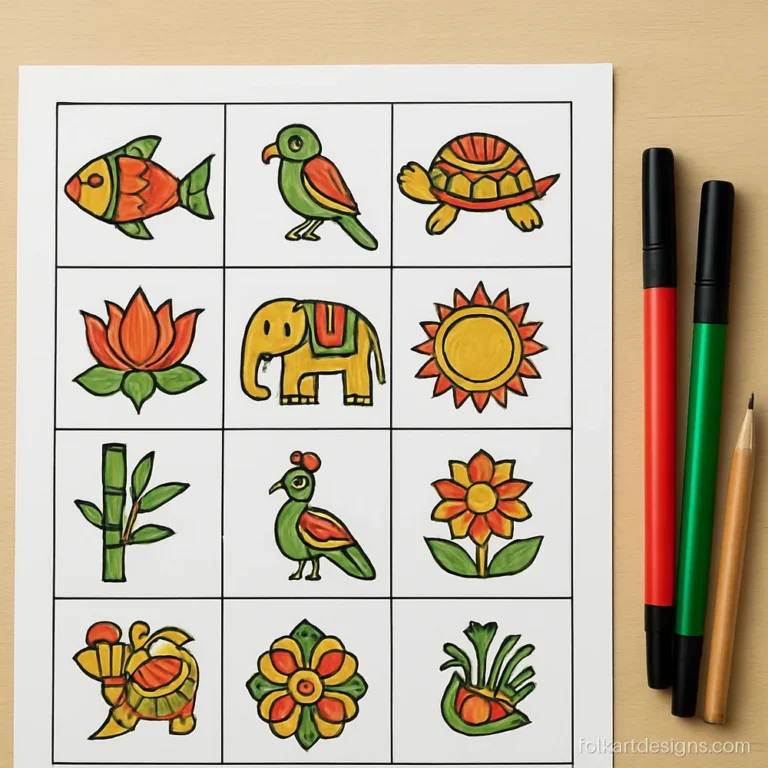 Madhubani motifs sheet with small fish, parrot, turtle, lotus and sun designs
