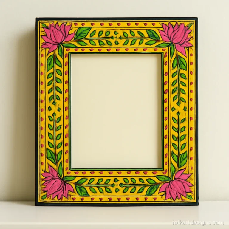 Madhubani painting frame with lotus corners and a yellow double line border
