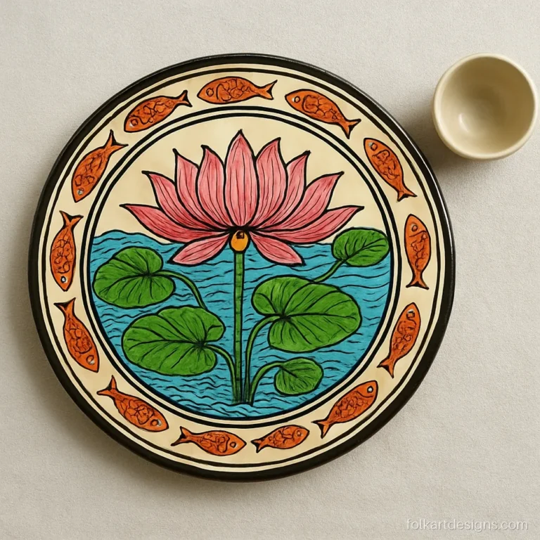Round MDF tray with a madhubani lotus pond pattern and fish border