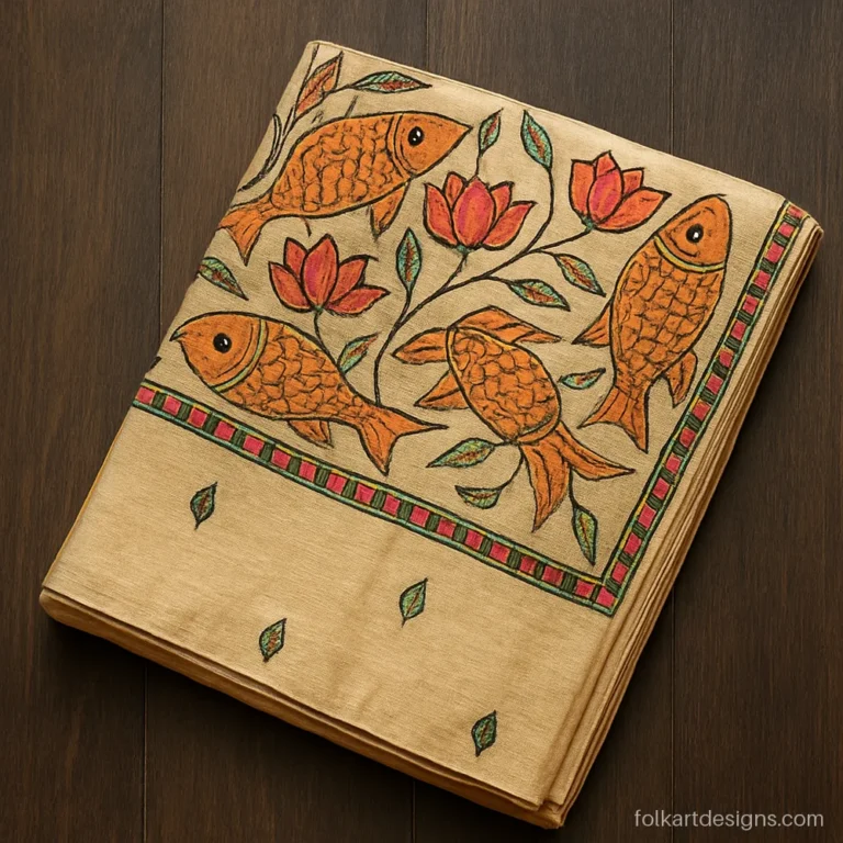 Folded tussar saree with a madhubani fish and lotus pallu spread open