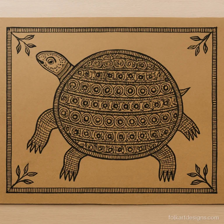 Godna style madhubani turtle made of repeated small marks on ochre paper